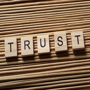 Wooden tiles spelling out TRUST on a bamboo surface, symbolizing estate planning and reliability.